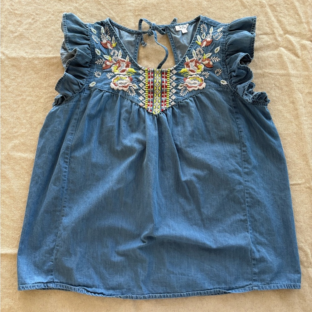 Tea Rose Denim Top with Embroidery